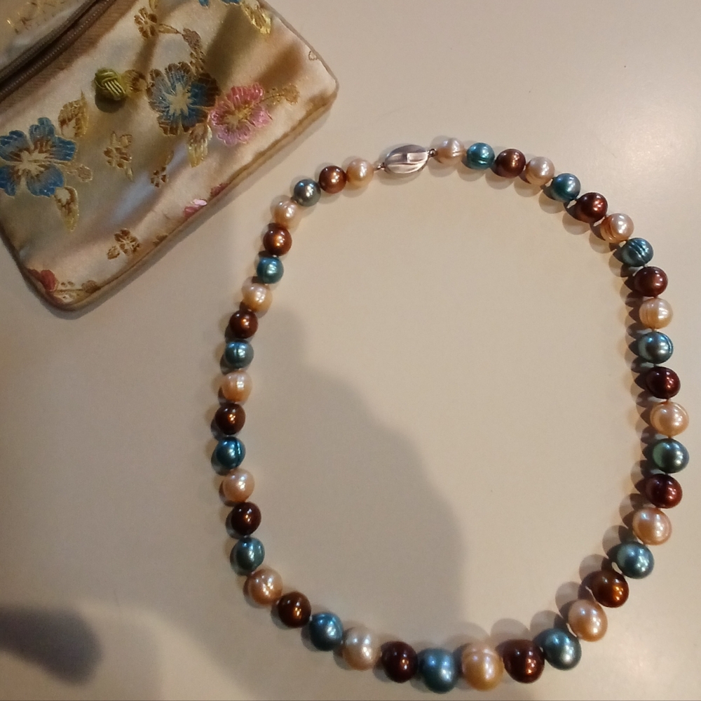 🌏🌟18" Honora Genuine Pearl Necklace 8-10mm. Teal, Taupe & Brown🌟🌏 - Picture 3 of 16